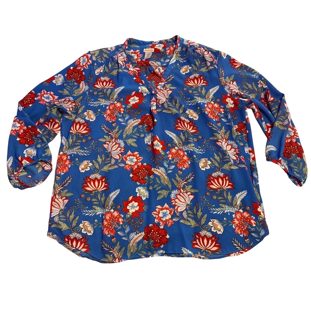 Paraphrase Womens Blue Floral 3/4 Sleeve Blouse Top, Size XL